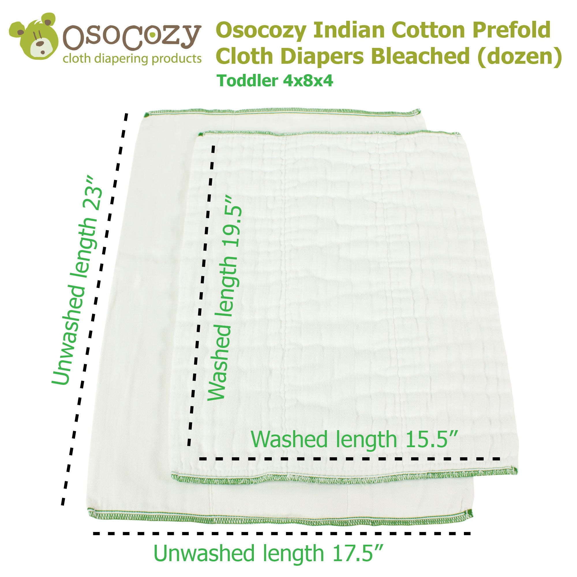 Osocozy Indian Cotton Prefold Cloth Diapers Bleached (dozen)