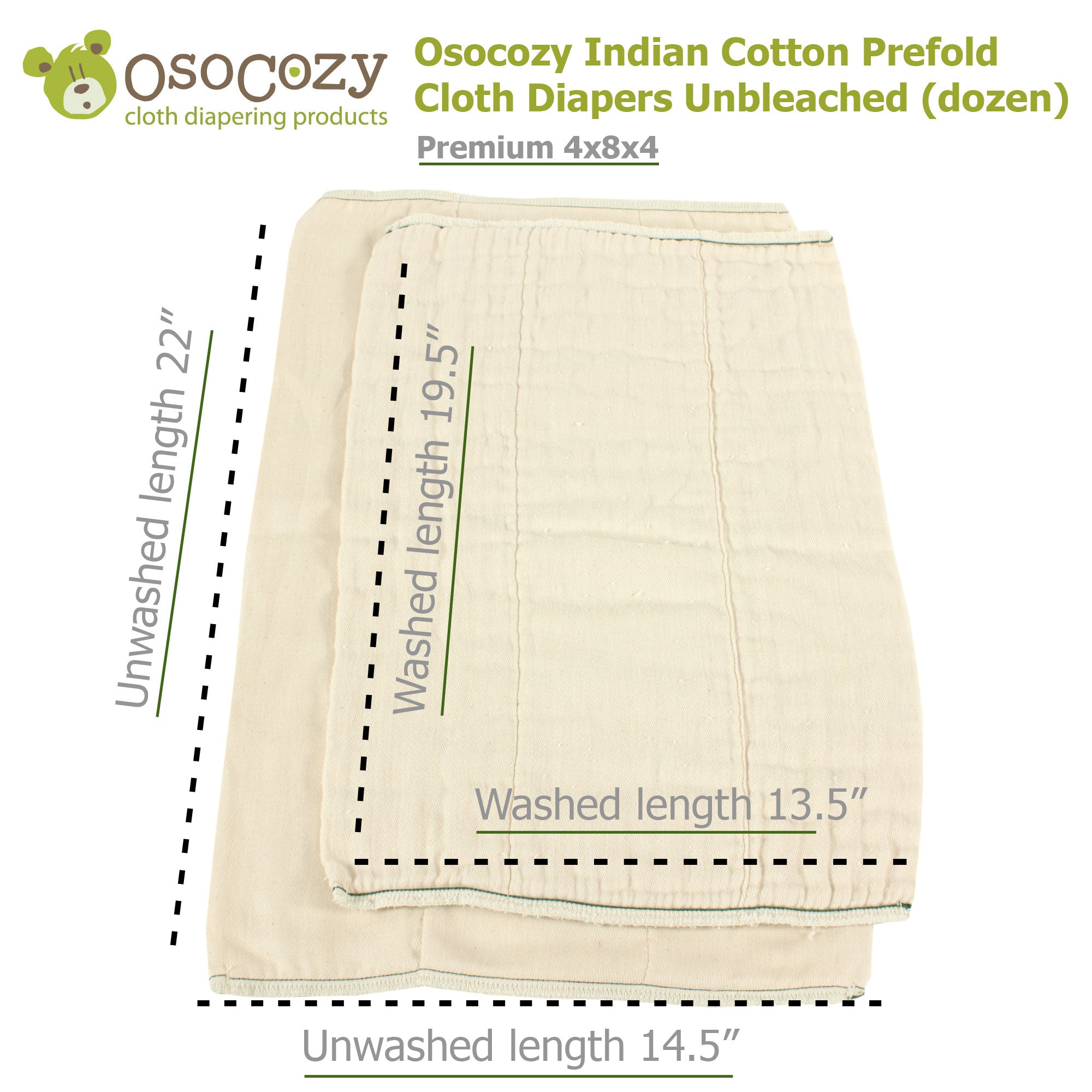 Osocozy Indian Cotton Prefold Cloth Diapers Unbleached (dozen)