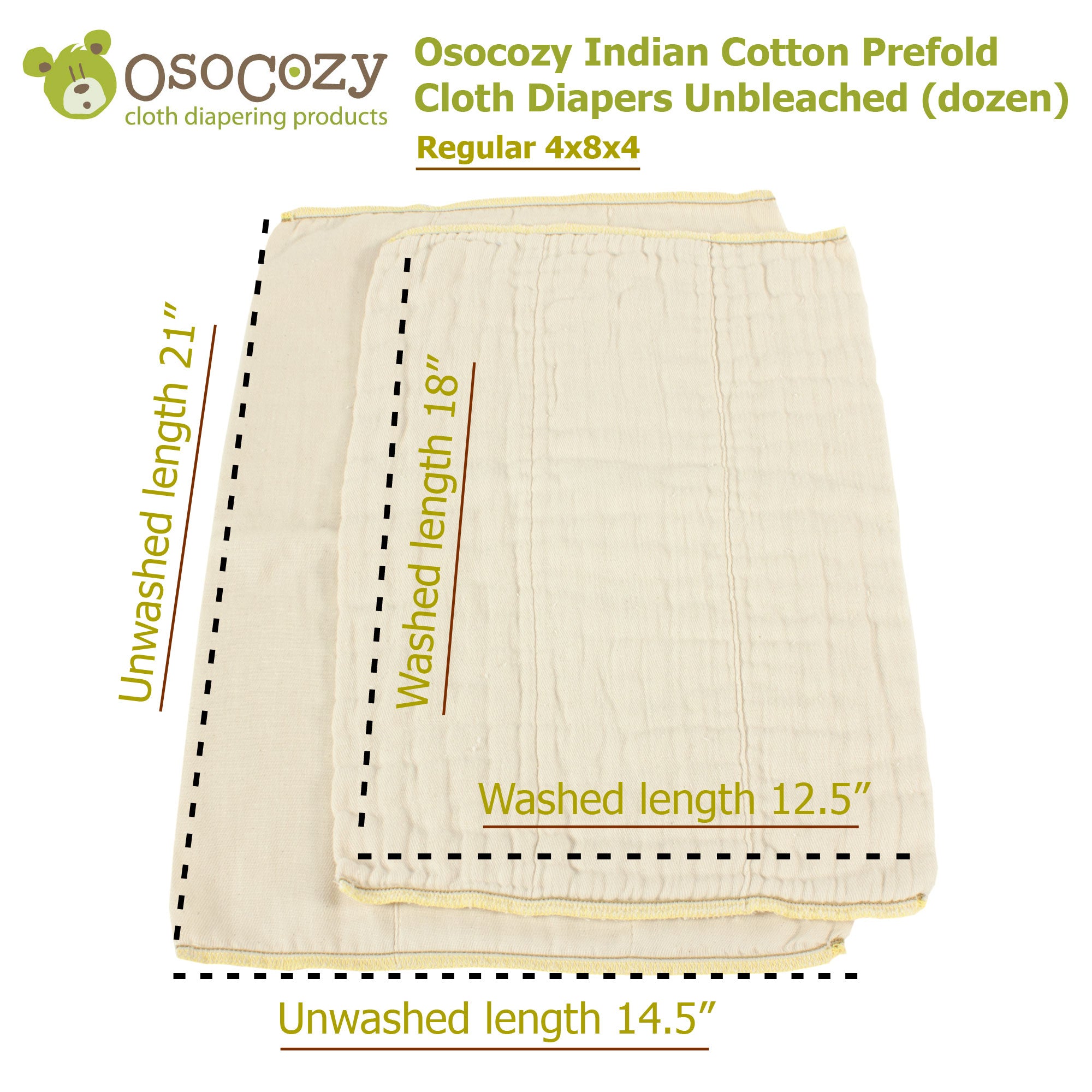 Osocozy Indian Cotton Prefold Cloth Diapers Unbleached (dozen)